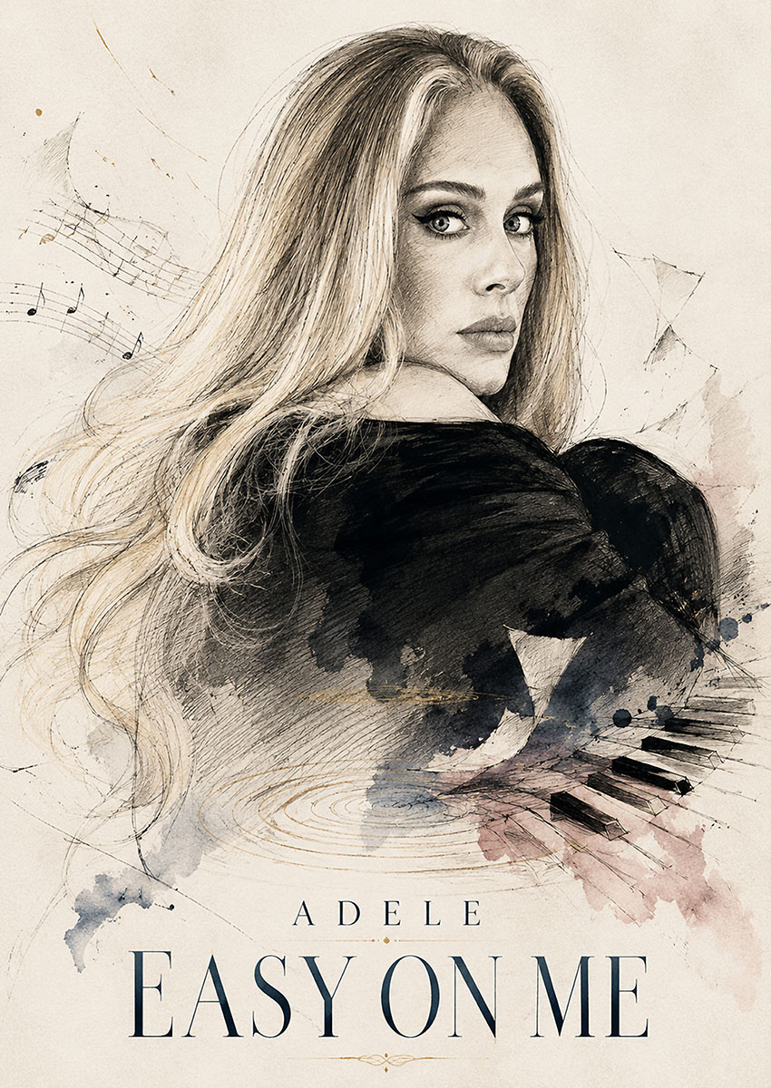 Detailed portrait illustration of Adele with musical notes and piano keys in a watercolour and pencil style